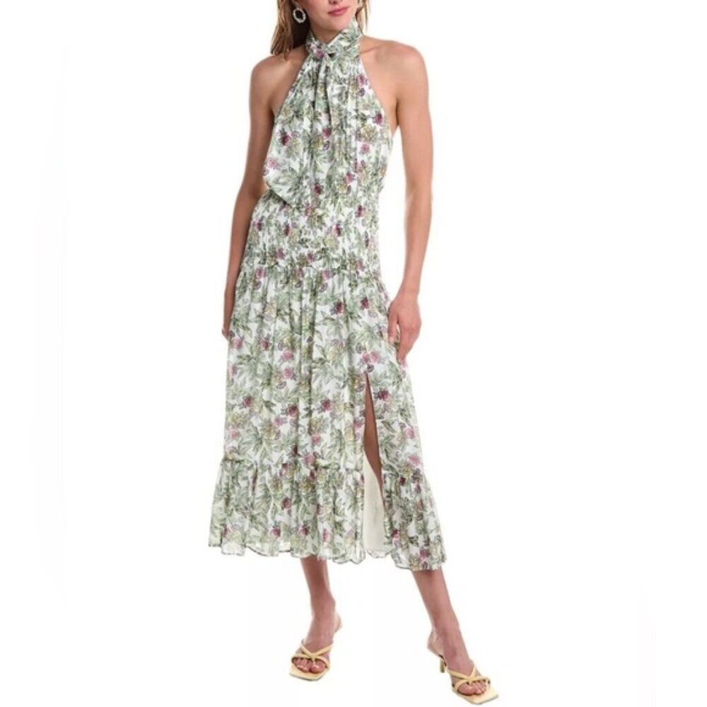 NWT cinq a sept SILK Blend Dover Halter Neck Midi Dress Smocked Waist Size 6‎